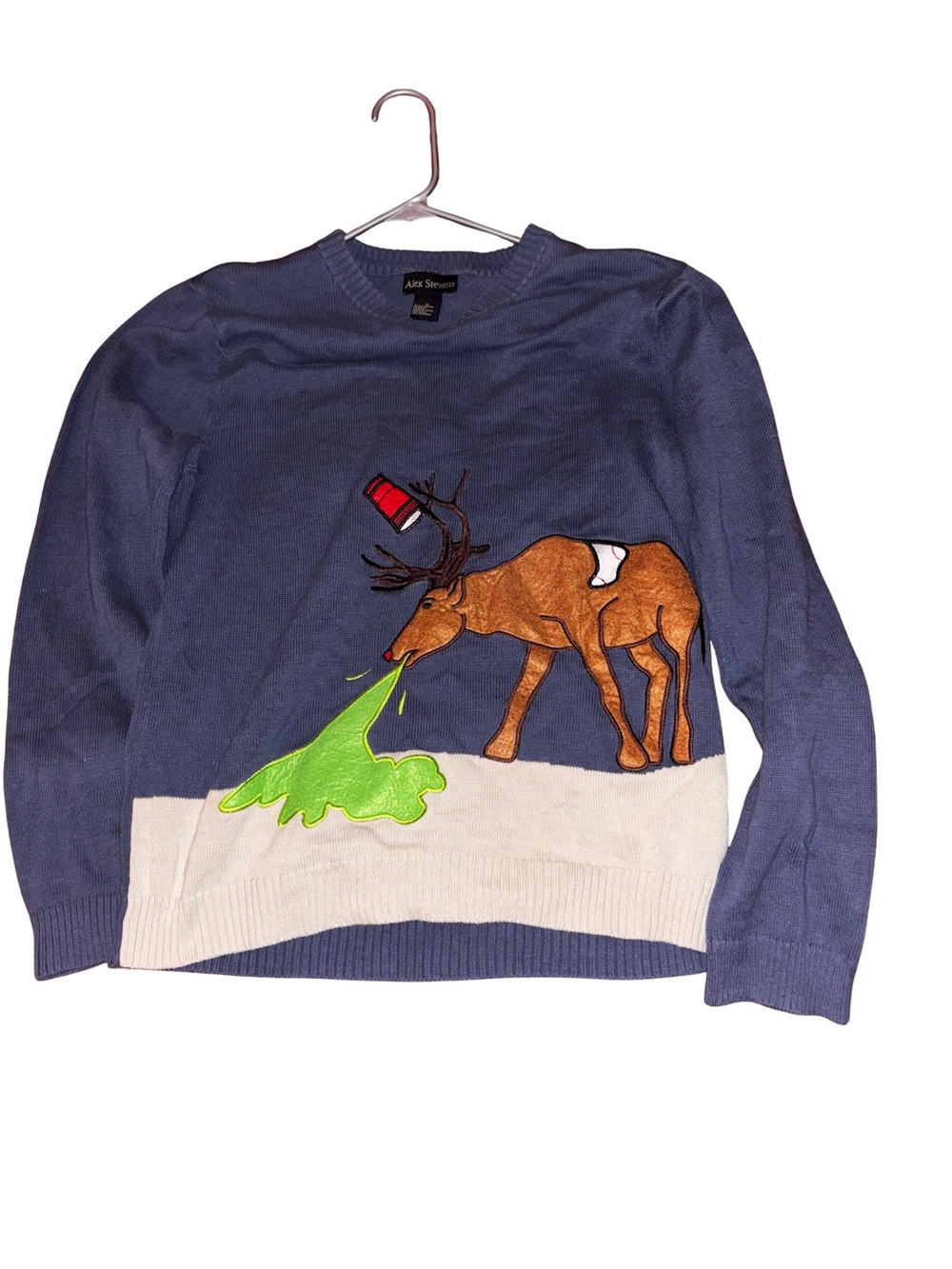 Men’s Blue Holiday Reindeer Sweater with Cream Panel